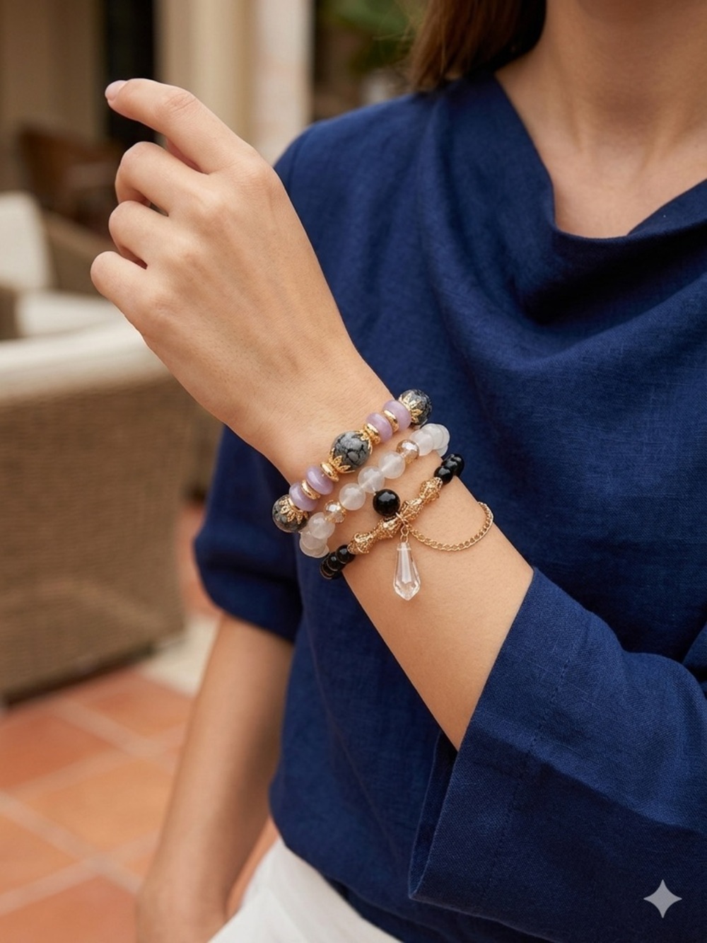 Golden Luxe Beaded Bracelet Stack – Crystal, Onyx & Marble-Inspired Charm Set